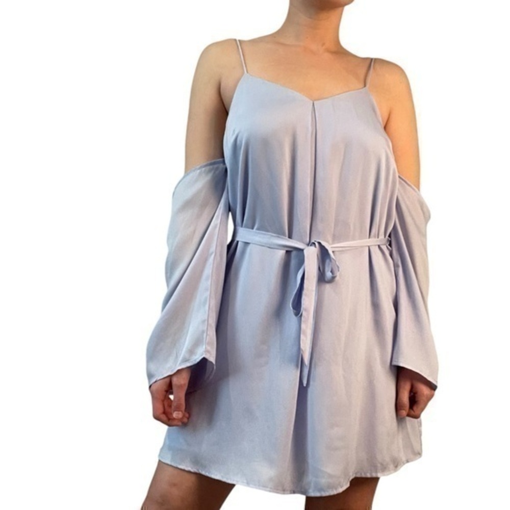 Etophe Studios Open Shoulder Baby Blue Satin Mini Dress 💕